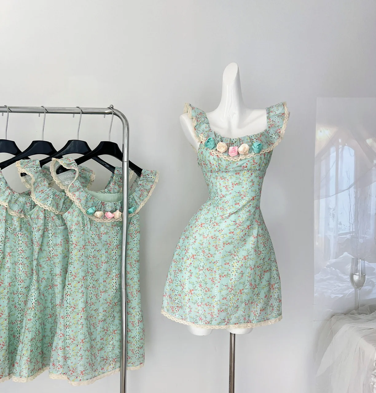 Sexy A line Square Neckline Summer Floral Green Dress Holiday Party Outfits For Women DP0024 - Deanwangkt