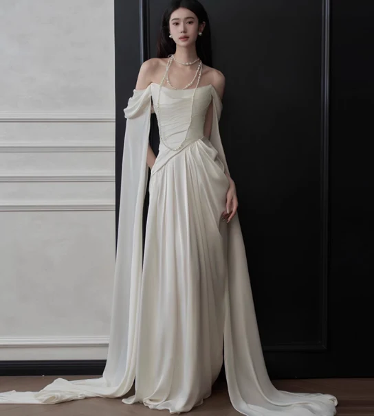 Ivory Off-shoulder Sheath Evening Gowns Simple Chiffon Formal Dresses Elegant Sleeveless Long Prom Dresses  DH2700 - Deanwangkt