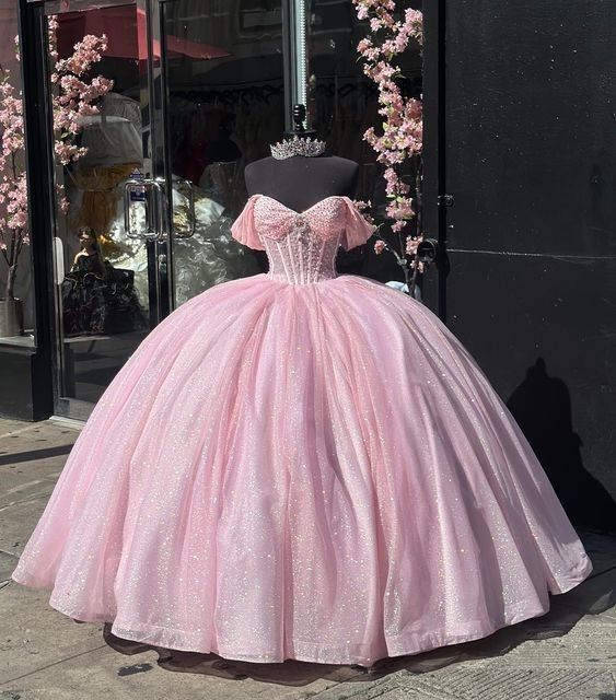 Modest Ball Gown Off The Shoulder Pink Tulle Long Quinceanera Dress Formal Gowns Vestido De 15 Anos Sweet 16 Dress DH1846 - Deanwangkt