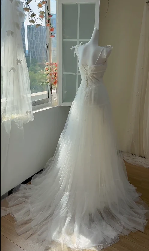 Modest Spaghetti Strap Sheath Tulle Wedding Dress, White Bridal Gowns DP3113 - Deanwangkt
