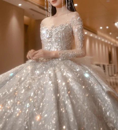 Princess Bridal Dress Ball Gown Off-the-shoulder Tulle Sequins White Beads Long Wedding Dress Modest Long Sleeve Bridal Gowns DP2772 - Deanwangkt
