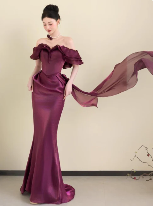 Chic Off-the-shoulder Mermaid Long Prom Dresses Satin Grape Evening Dresses DP3314 - Deanwangkt