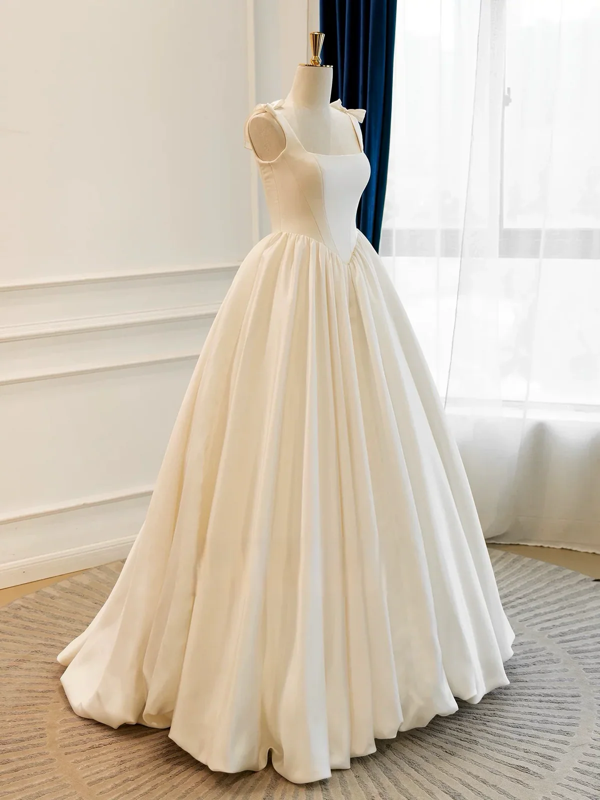 Modest Square Neck A-Line Satin Wedding Dresses Simple Bridal Gowns DP3168 - Deanwangkt