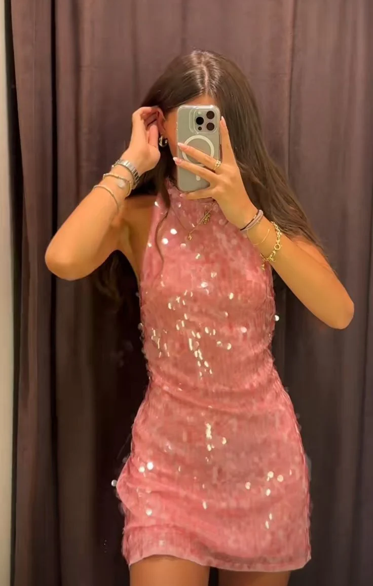 Modest A Line High Neck Pink Sequin Formal Homecoming Dresses 18th Birthday Outfits Graduation Dress Short Mini Hoco Dresses DH2522 - Deanwangkt