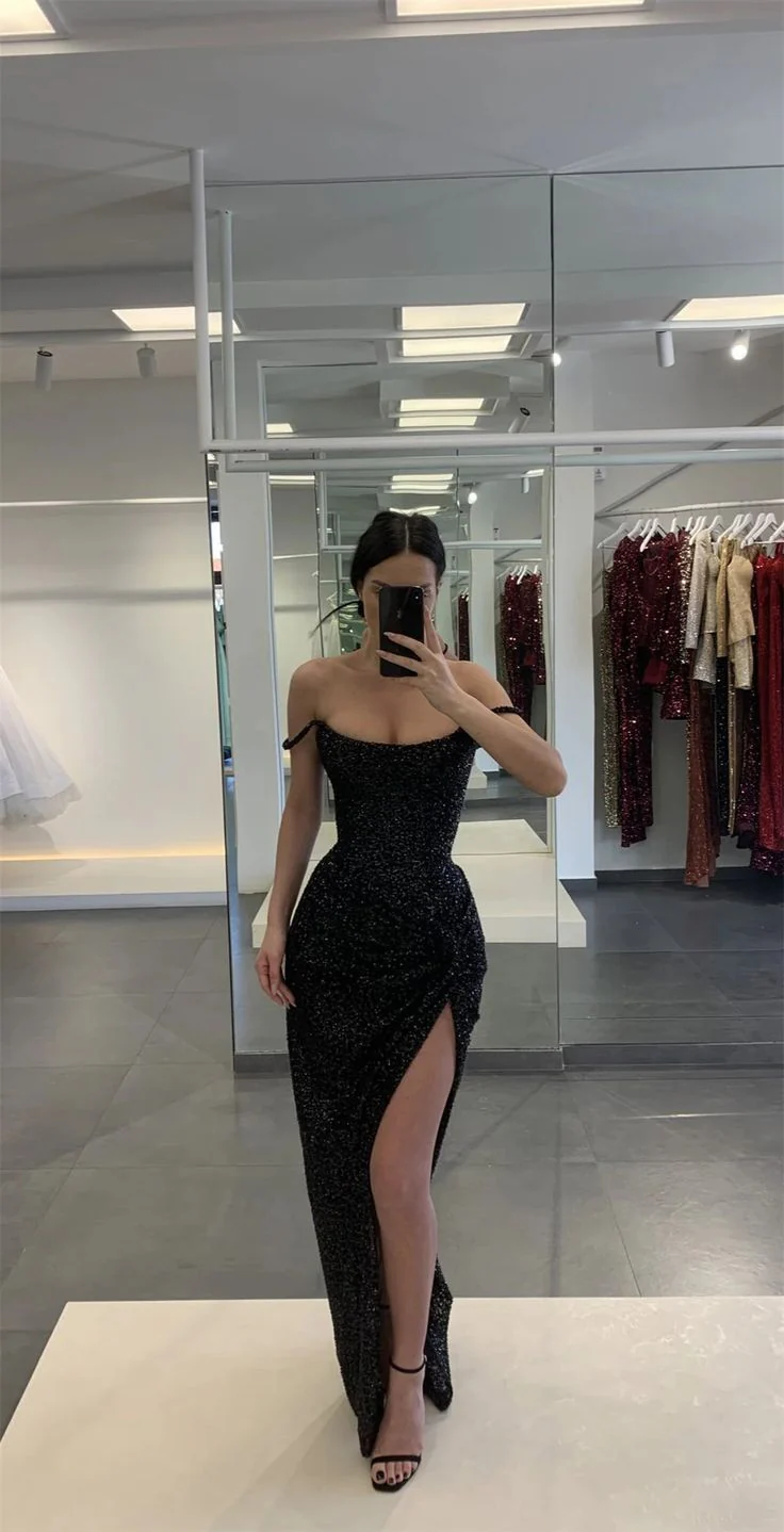 Classy Sheath Off The Shoulder Sequin Slit Prom Dresses Black Summer Wedding Guest Dresses Wedding Guest Outfits DP775 - Deanwangkt