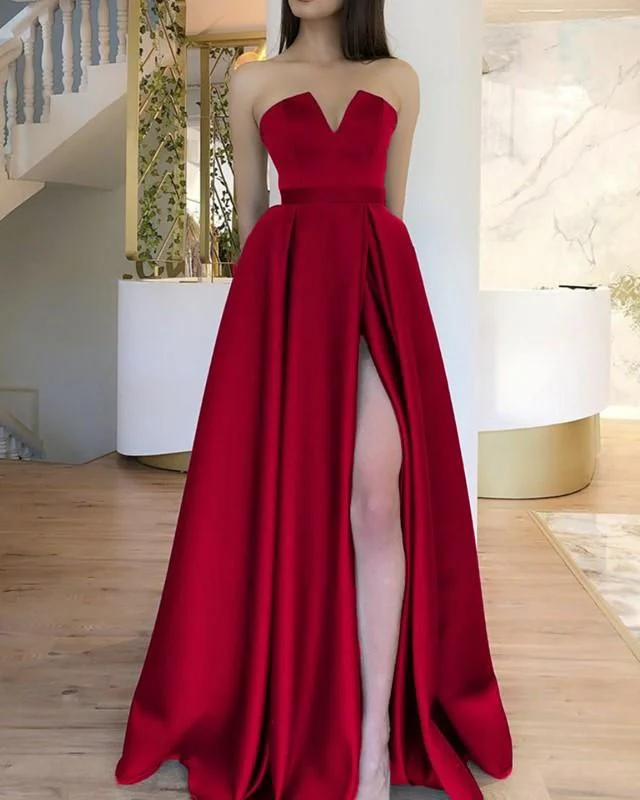 Simple A line Strapless Sleeveless Red Slit Long Evening Party Gowns Evening Special Formal Dresses Prom Dress DH205 - Deanwangkt