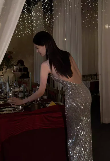 Modest Silver Spaghetti Strap Long Evening Gown Sheath Elegant Beaded Formal Dress Open Back Party Dress  DH2755 - Deanwangkt