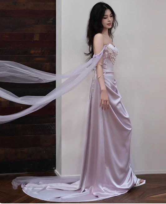 Elegant Off-the-shoulder Sheath Long Prom Dresses Satin Light Purple Evening Dresses DP3318 - Deanwangkt