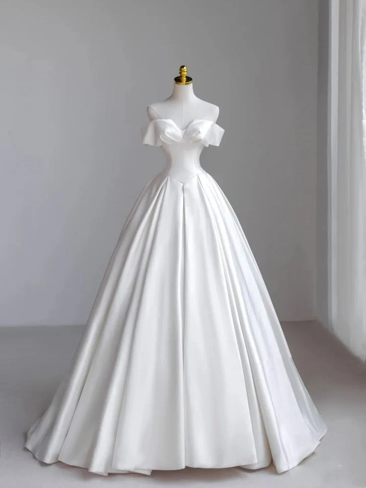 Classic Bridal Gown Ball Gown Off The Shoulder Short Sleeves Satin White Wedding Dresses Minimalist Bridal Gowns DH742 - Deanwangkt