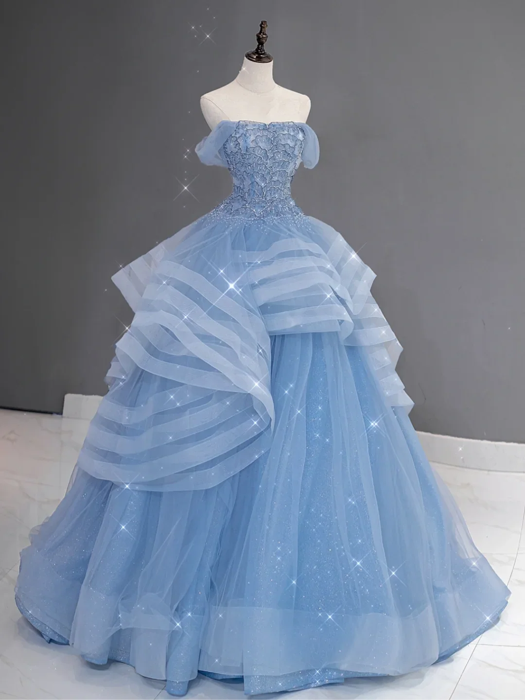 Pretty Ball Gown Off The Shoulder Blue Tulle Long Quinceanera Dress Formal Gowns Vestido De 15 Anos Sweet 16 Dress DH866 - Deanwangkt