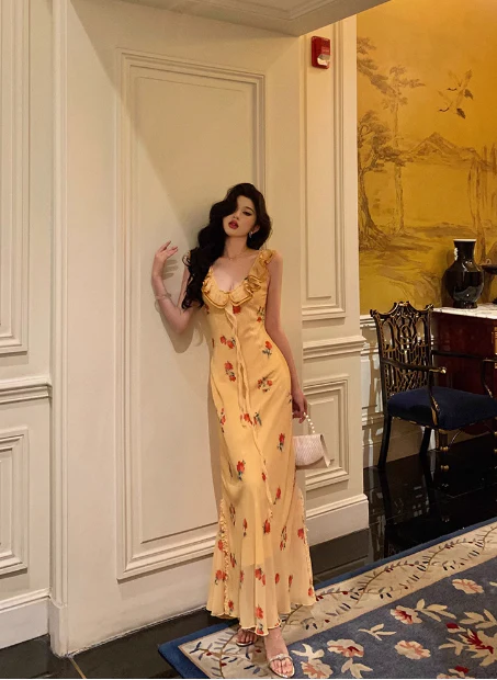 Cute A line V Neckline Yellow Floral Sleeveless 18th Birthday Dress Party Gown Birthday Outfits For Women DP0208 - Deanwangkt