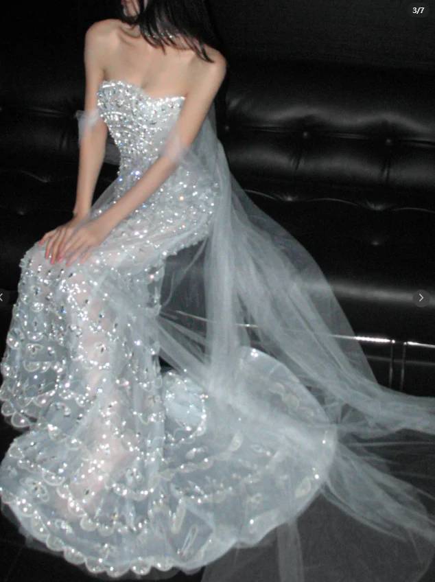 Gorgeous Strapless Mermaid Long Wedding Dresses Tulle Beaded White Bridal Dresses Sleeveless Bridal Gowns DP3701 - Deanwangkt