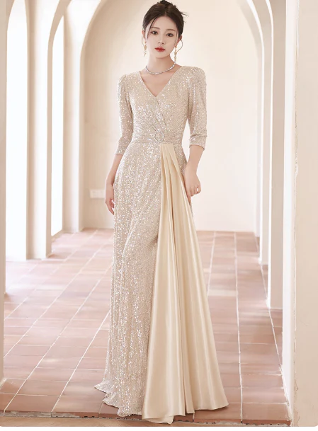 Elegant V-neck Mermaid Champagne Mother of the Bride Dresses Long Sleeve Champagne Evening Dresses DP3888 - Deanwangkt