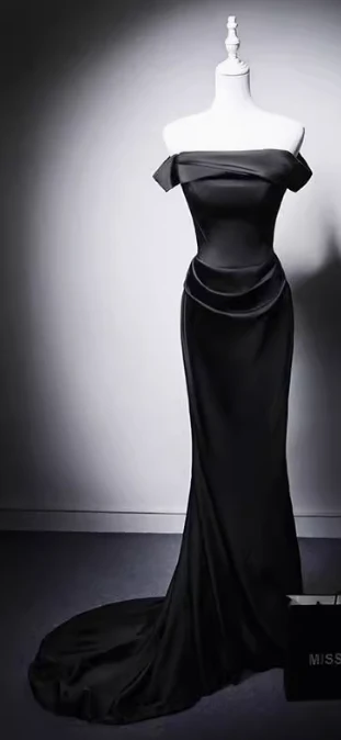 Modest Black Mermaid Evening Gowns Off-the-shoulder Satin Long Prom Dress Elegant 22nd Birthday Dress DH2744 - Deanwangkt