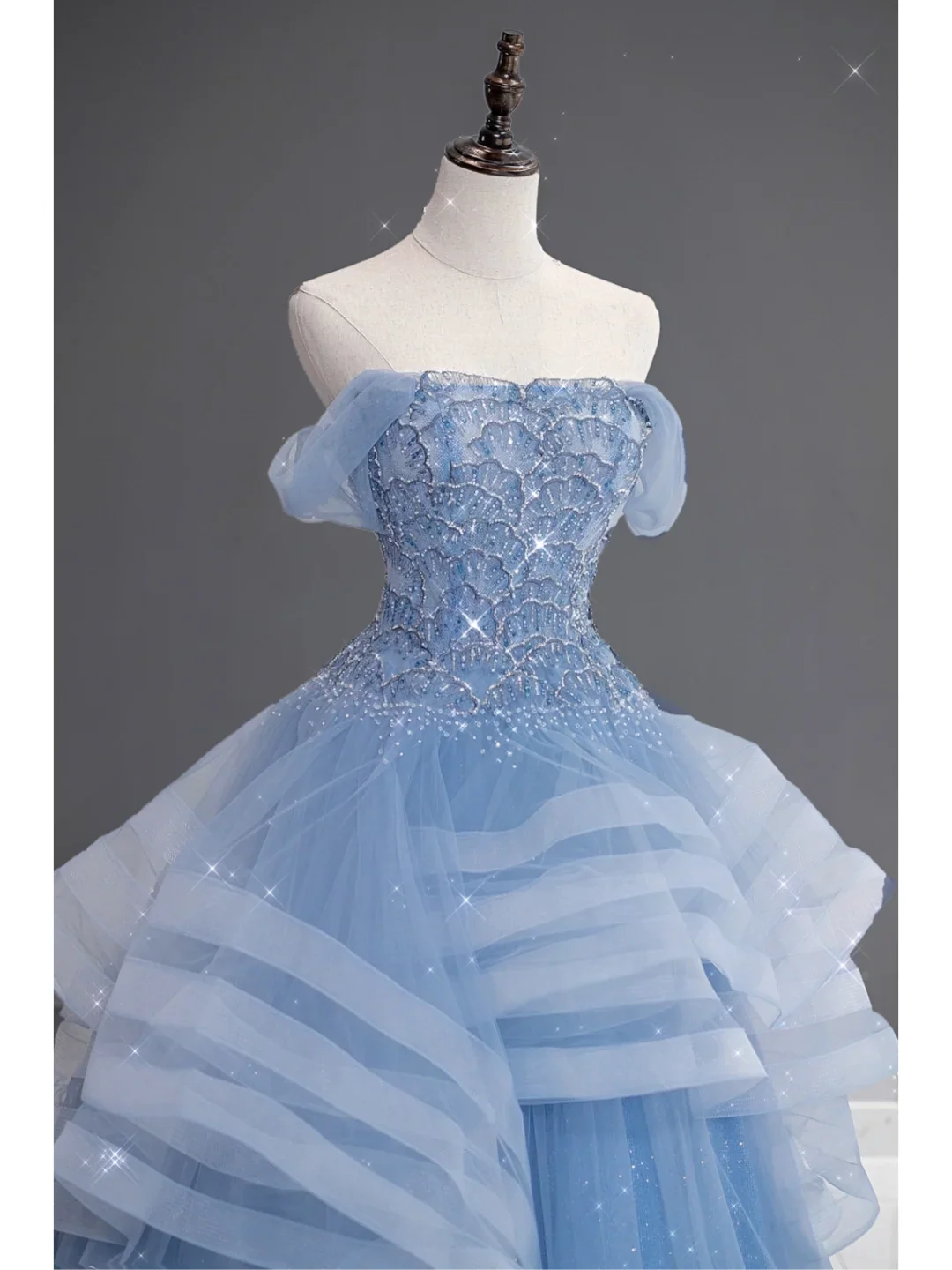 Pretty Ball Gown Off The Shoulder Blue Tulle Long Quinceanera Dress Formal Gowns Vestido De 15 Anos Sweet 16 Dress DH866 - Deanwangkt
