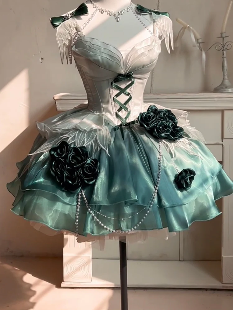 Vintage Ball Gown Spaghetti Straps Chiffon Green Summer 18th Birthday Dress Green Short Lolita Dress 18th Birthday Outfits DH2433 - Deanwangkt