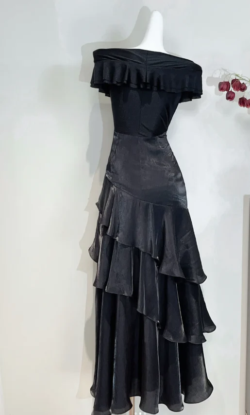Elegant Off-Shoulder Sheath Long Prom Dresses Satin Black Evening Dresses DP3804 - Deanwangkt