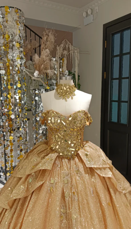 Cute Off-the-shoulder Ball Gown Sequins Long Prom Dresses Gold Quinceanera Dresses estido De 15 Anos Sweet 16 Dress DP3262 - Deanwangkt