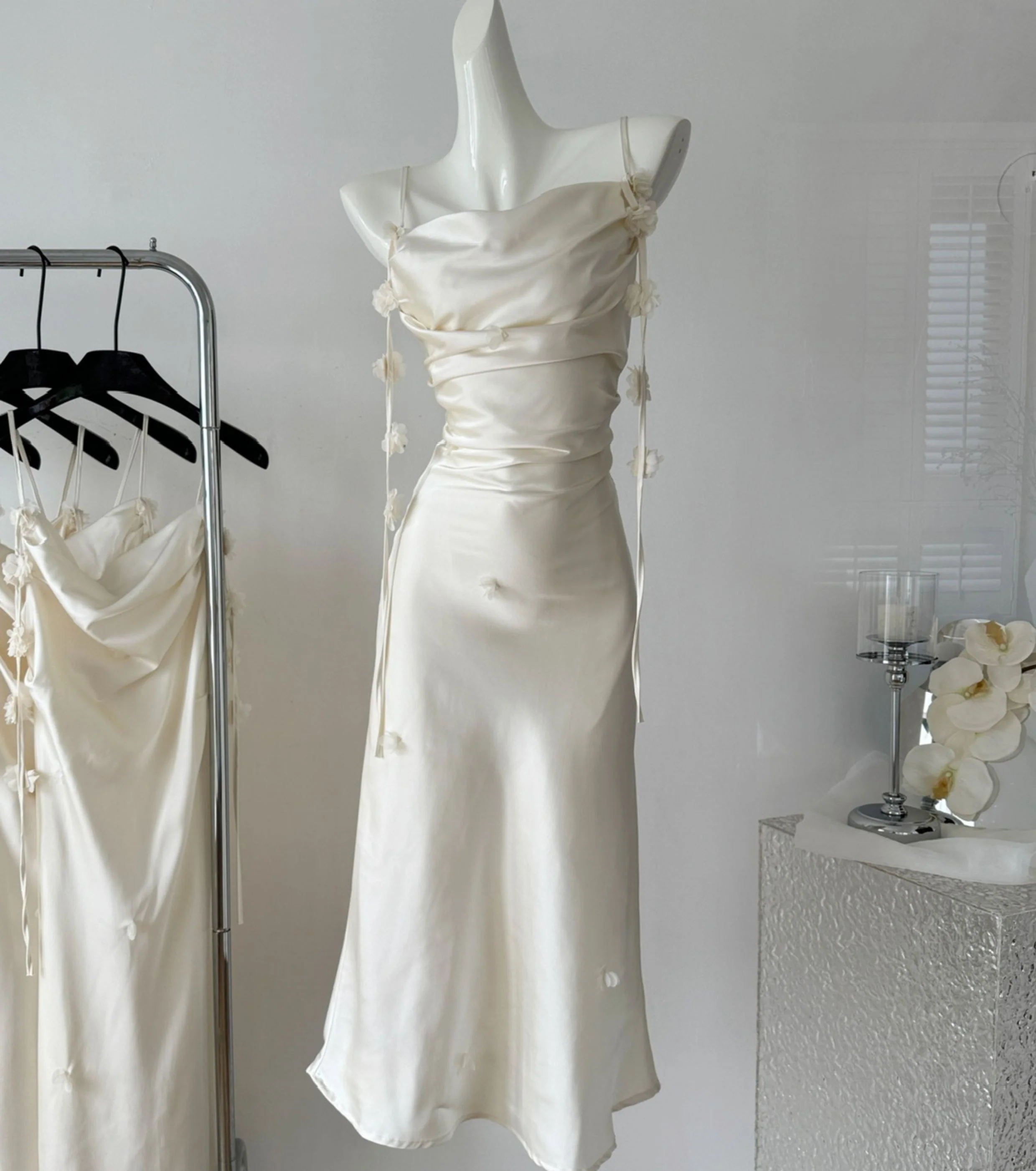 Cute A line Spaghetti Straps Champagne Floral Long Satin Summer Dress For Women DP0009 - Deanwangkt