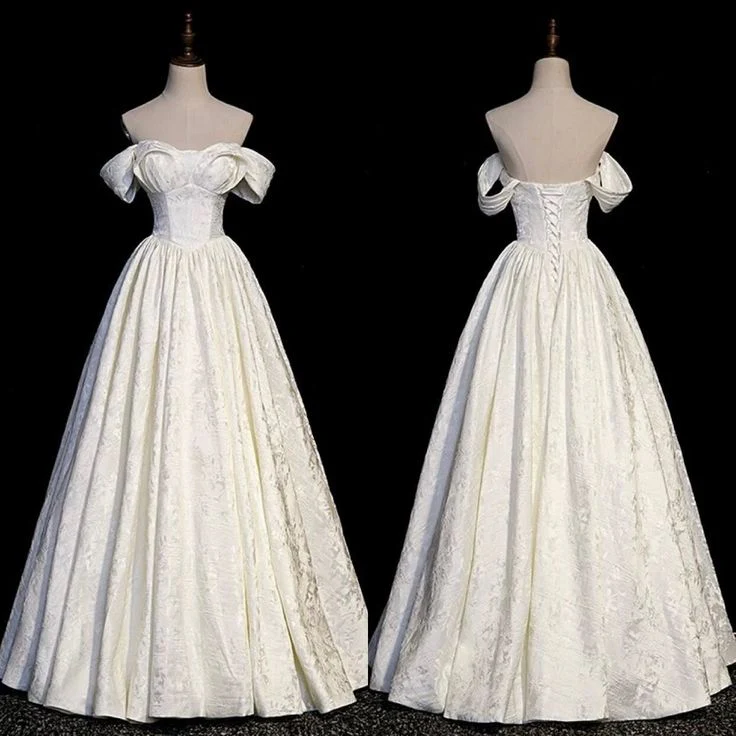 Classic Bridal Gown A Line Off The Shoulder Short Sleeves Lace White Wedding Dresses Minimalist Bridal Gowns DH753 - Deanwangkt