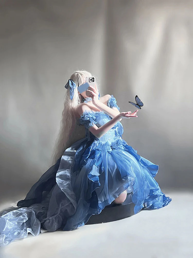 Vintage Ball Gown Off The Shoulder Half Sleeves 21st Birthday Dress Lolita Dress Blue Long Birthday Outfits DH2423 - Deanwangkt