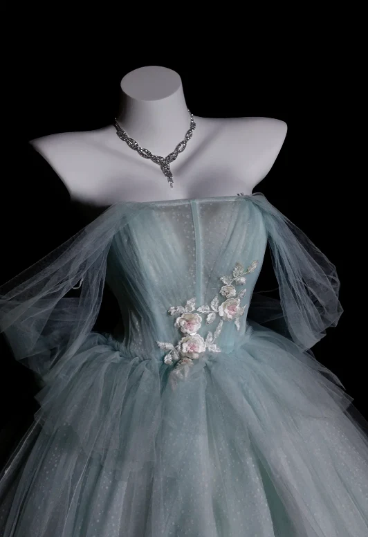 Fairy Off-the-Shoulder Ball Gown Long Prom Dresses Tulle Light Green Quinceanera Dresses Sweet 16 Dresses DP3689 - Deanwangkt