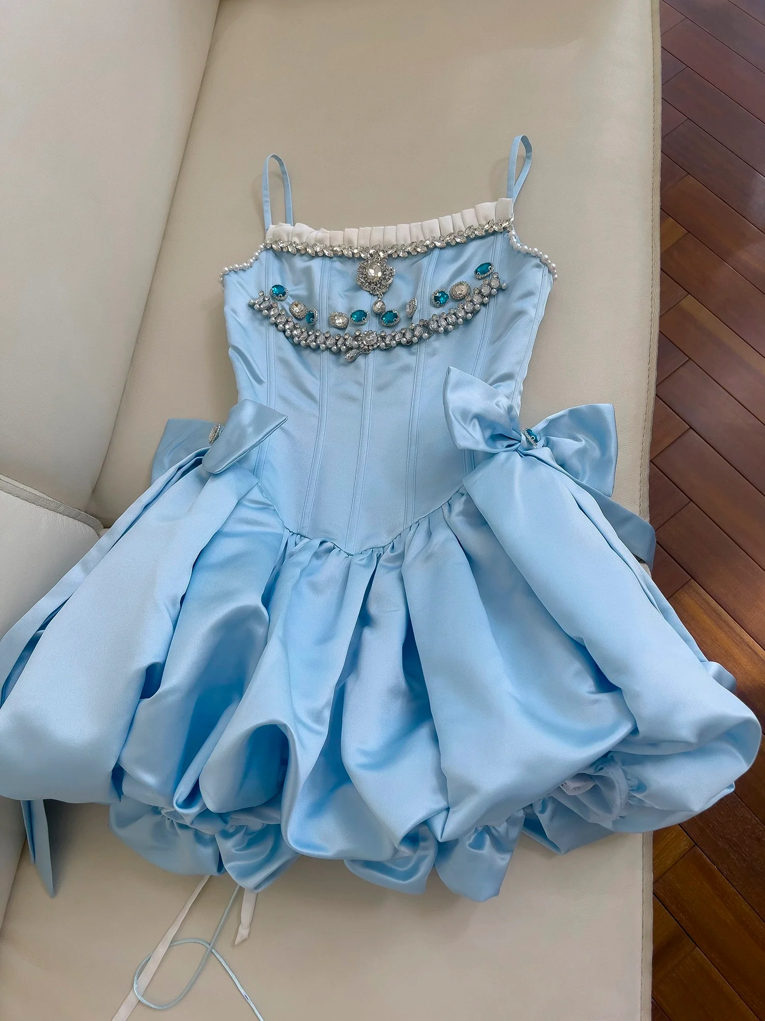 Trendy Ball Gown Spaghetti Straps Blue Satin Sleeveless Formal Short 8th Grade Homecoming Dress Summer Middle School Hoco Dresses Cocktail Dress Birthday Outfits W940 - Deanwangkt