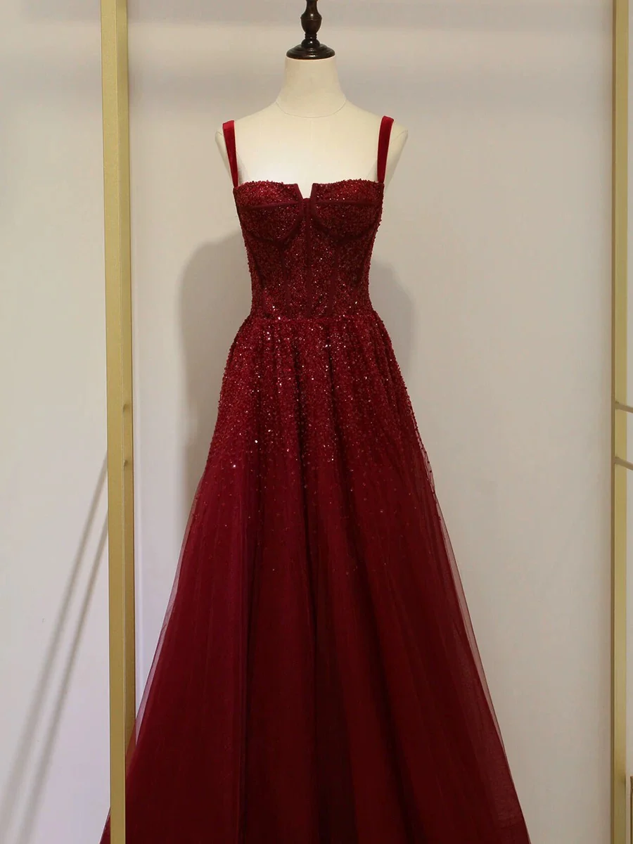 Classy Ball Gown Straps Burgundy Sequin Evening Dress Long Prom Dresses H2872 - Deanwangkt