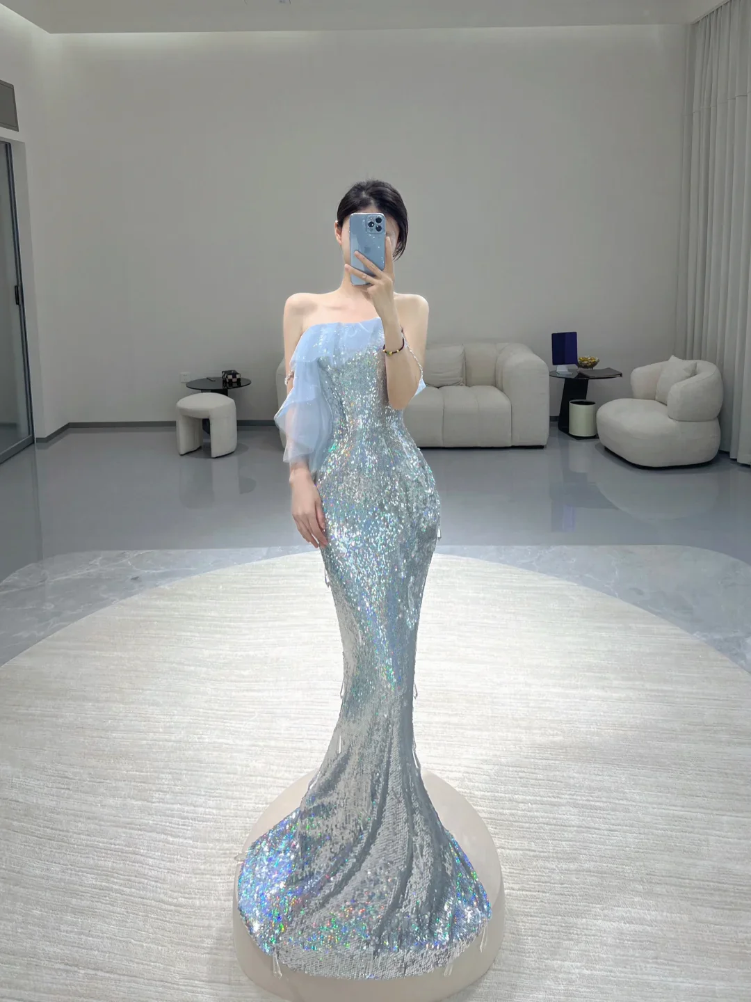 Pretty Mermaid Strapless Blue Sequin Sleeveless Long Prom Dresses Evening Dresses DP498 - Deanwangkt