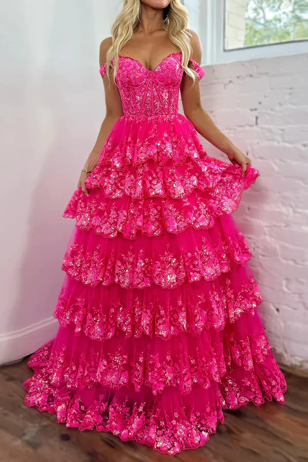 Chic Glitter Ball Gown Hot Pink Corset Off the Shoulder Lace Long Prom Dress Evening Dresses DP252 - Deanwangkt