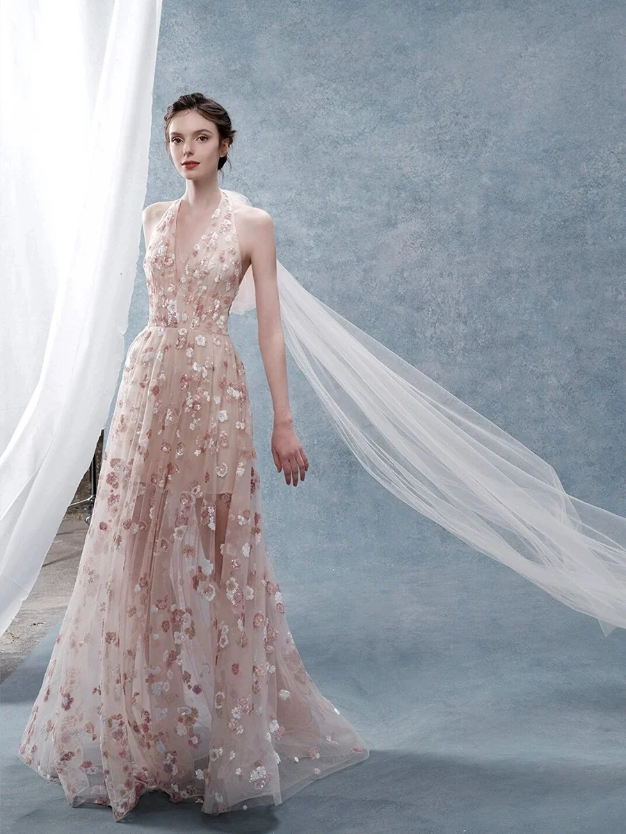 Classy A Line Halter Pink Floral Evening Dress Long Prom Dresses H2882 - Deanwangkt