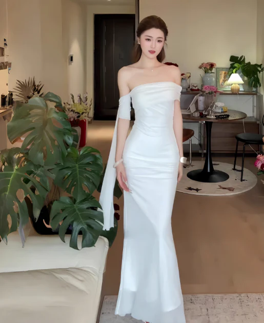 Elegant Off-the-shoulder Mermaid Tulle Evening Dresses White Birthday Dresses DP03034 - Deanwangkt