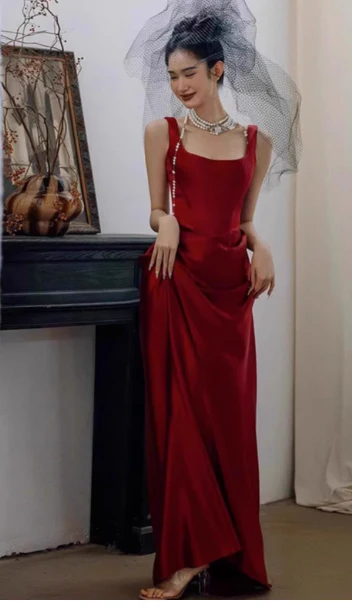 Modest Sheath Square Neck Long Evening Gown Burgundy Formal Dress Elegant Satin Prom Dress DP2800 - Deanwangkt