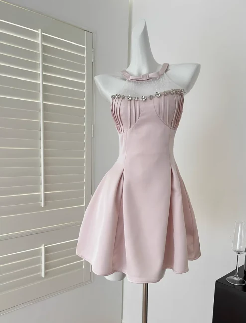 Sweet Pink A-Line Jewel Short Homecoming Dress Satin Birthday Dress Formal Dress DP2913 - Deanwangkt