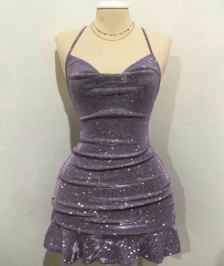 Sexy Sheath Halter Sequin Tight Grape Formal Homecoming Dresses 8th Grad Dance Graduation Dress Short Birthday Outfits Hoco Dresses DH2695 - Deanwangkt
