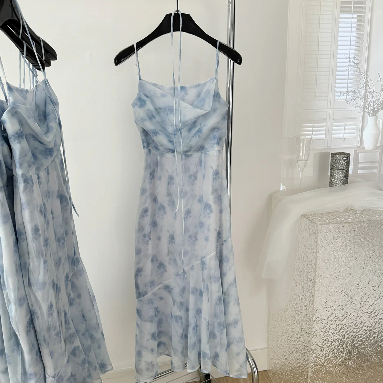Sexy Mermaid Spaghetti Straps Blue Floral Midi Summer Dress Holiday Party Birthday Outfits For Womens DP0152 - Deanwangkt