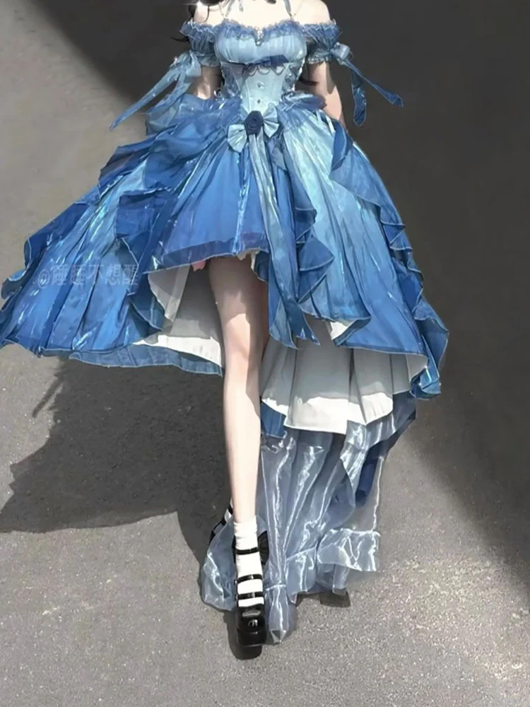 Vintage Ball Gown Off The Shoulder Short Sleeves 16th Blue Birthday Dress Lolita Summer Dress Birthday Outfits W1006 - Deanwangkt