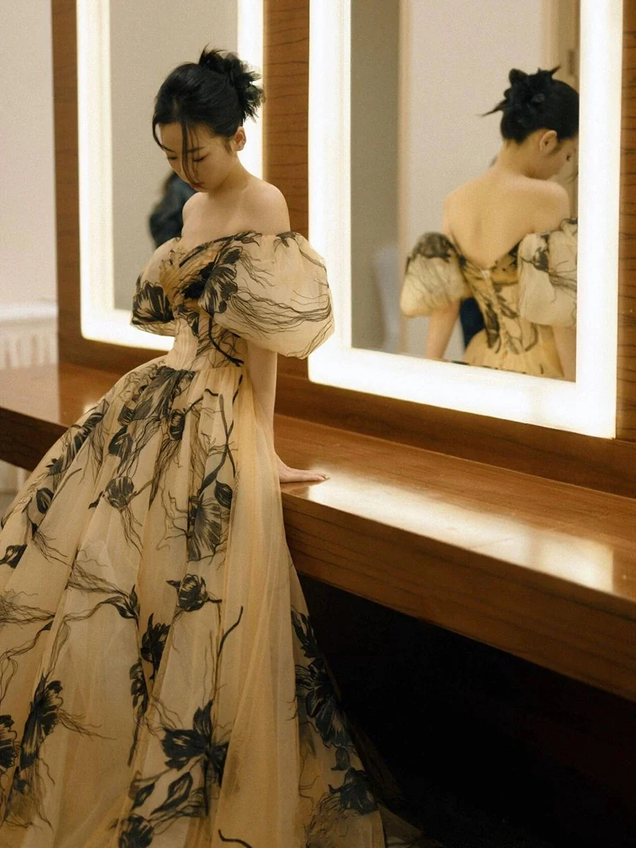 Sexy Ball Gown Off The Shoulder Champagne Elegant Tulle Long Prom Dresses H2867 - Deanwangkt