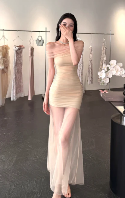 Sexy Off-the-shoulder Sheath Tulle Long Prom Dresses, Light Champagne Formal Evening Dresses DP3133 - Deanwangkt