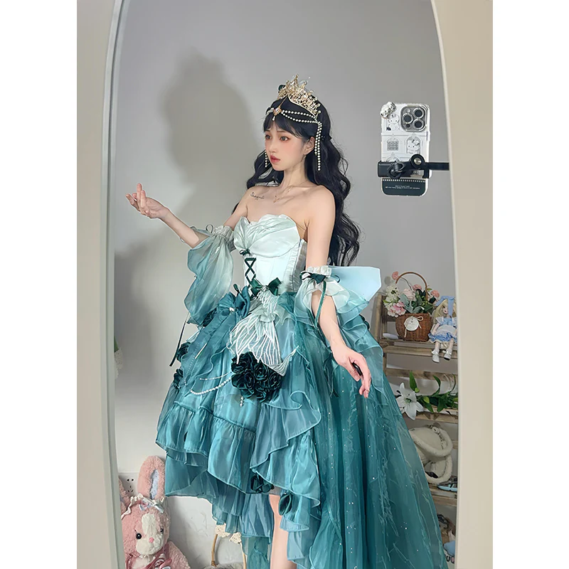 Vintage Ball Gown Spaghetti Straps Chiffon Green Summer 18th Birthday Dress High Low Ombre Pink Lolita Dress 18th Birthday Outfits DH2424 - Deanwangkt