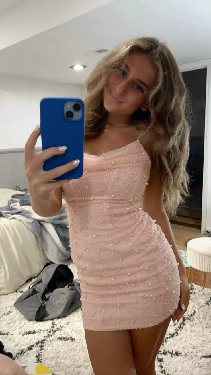 Fancy Sheath Spaghetti Straps Light Pink Sequin Formal Homecoming Dresses High School Graduation Dress Short Night Elegant Hoco Dresses DH2702 - Deanwangkt