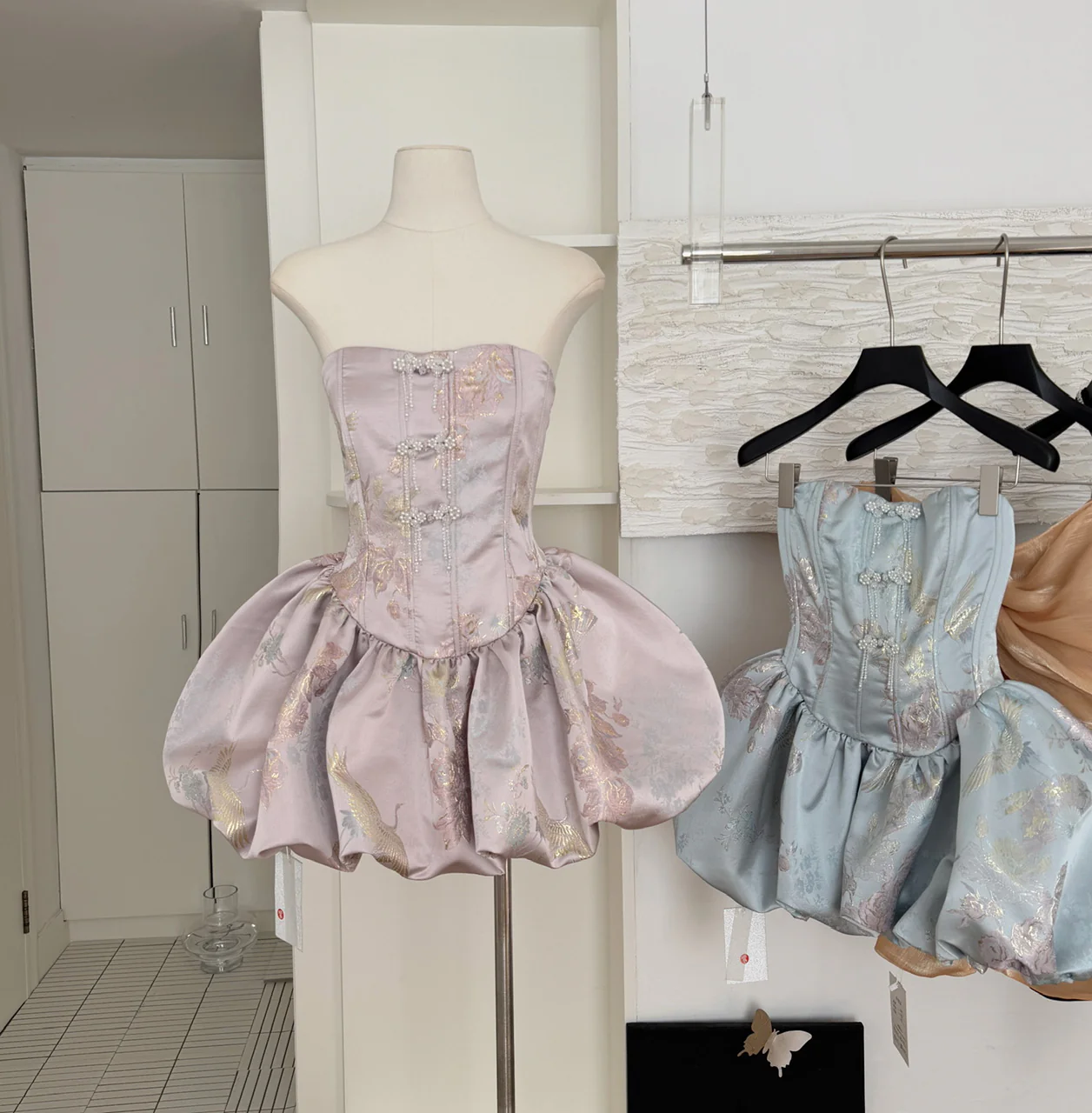 Cute Ball Gown Strapless Satin Floral Pink Short Summer Dress Holiday Party Outfits For Women DP0097 - Deanwangkt