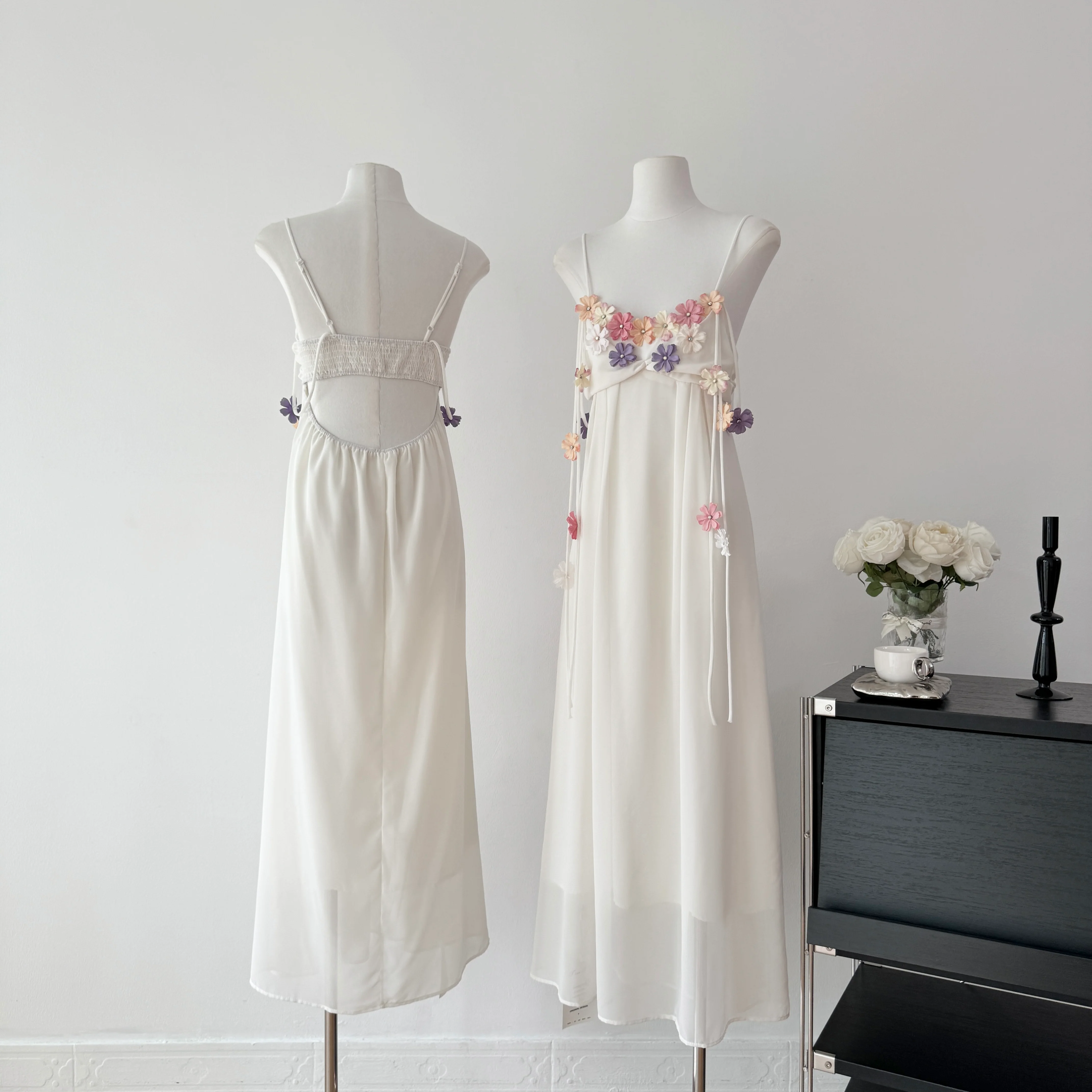 Cute A Line Spaghetti Straps Floral White Chiffon Summer Dress Holiday Party Outfits For Girls DP0130 - Deanwangkt