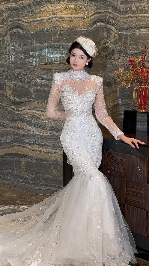 Timeless Mermaid Long Wedding Dressses Long Sleeve White Bridal Dresses Tulle Applique Bridal Gowns DP3937 - Deanwangkt