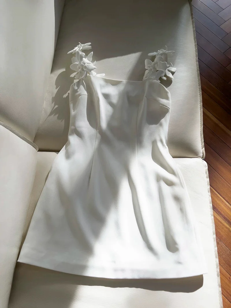 Cute Sheath Spaghetti Straps Floral White Formal Short 8th Grade Homecoming Dress Summer Middle School Hoco Dresses Birthday Outfits W939 - Deanwangkt