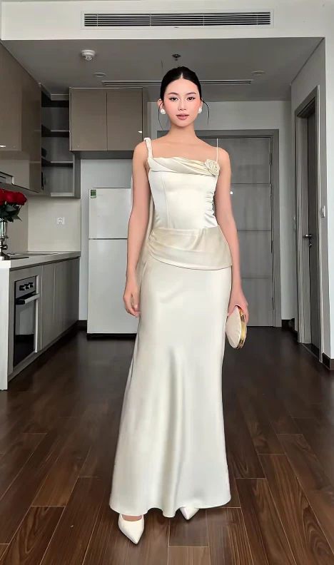 Elegant Sheath White Long Prom Dresses, Satin Sleeveless White Wedding Guest Dresses DP3934 - Deanwangkt