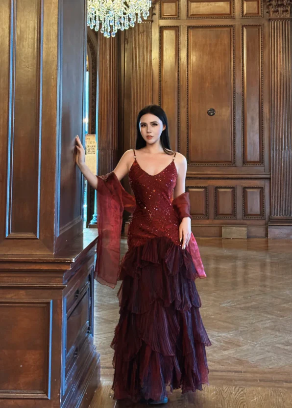 Retro Spaghetti Strap Sheath Long Prom Dresses With Beaded Burgundy Long Formal Dresses DP3190 - Deanwangkt