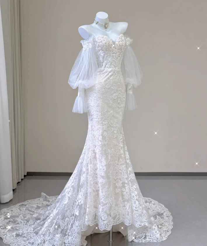 Elegant Mermaid Off The Shoulder Tulle Wedding Dresses Lace Brides Dress P0004 - Deanwangkt