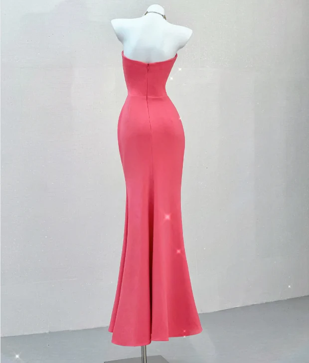 Classy Mermaid Strapless Pink Satin Evening Dress Long Prom Dresses P0022 - Deanwangkt