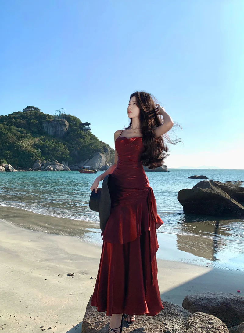 Elegant Mermaid Spaghetti Straps Sleeveless Burgundy Long Evening Dress Prom Dresses DP228 - Deanwangkt